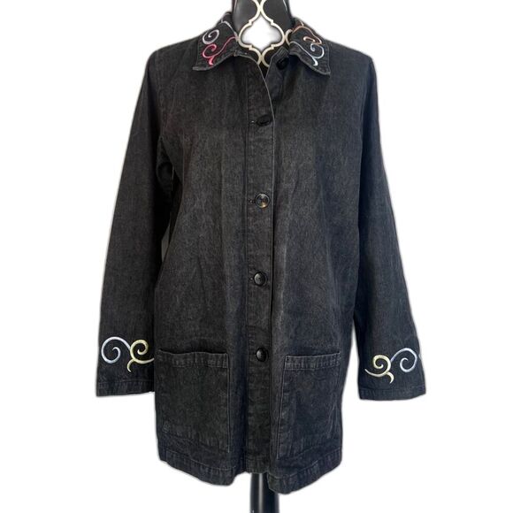 Denim & Co Black Button Front Denim Tunic Cotton Shirt Embroidered Size Small - Picture 6 of 10